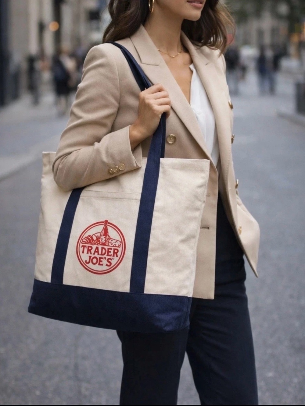 Trader Joe’s Navy & Natural Canvas Tote Bag, With Red Embroidered Logo